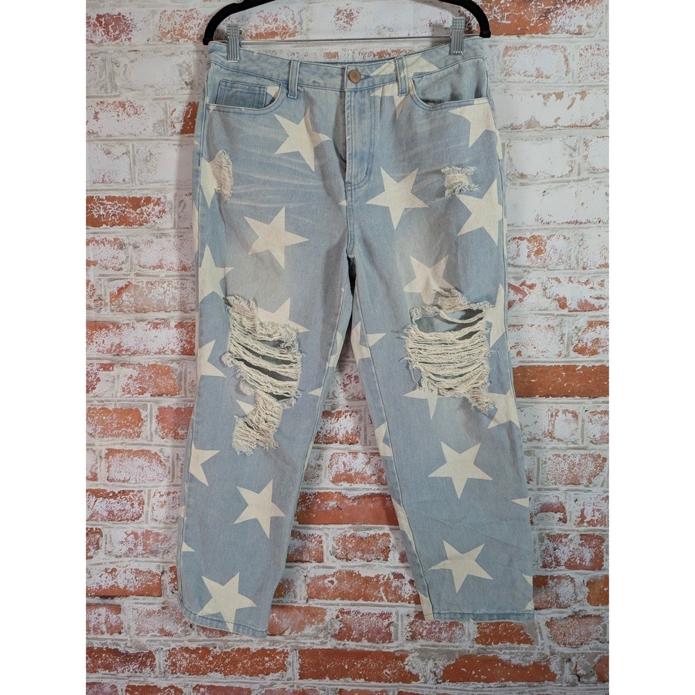 Toast Jeans Distressed Star Print Jeans Womens Size M Light Blue Ripped Denim
